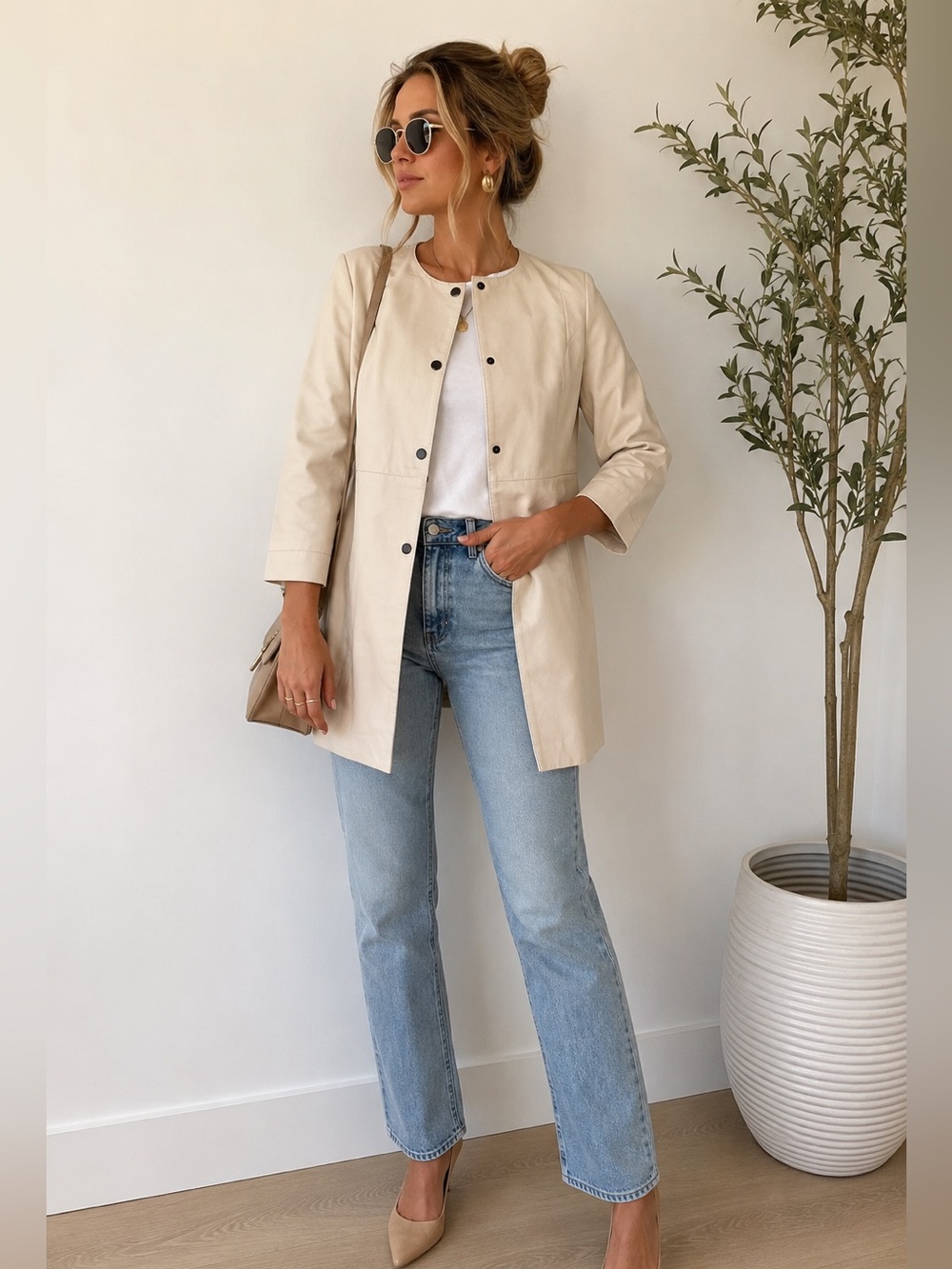 Cream Leather Mid-Length Coat 100% Leather